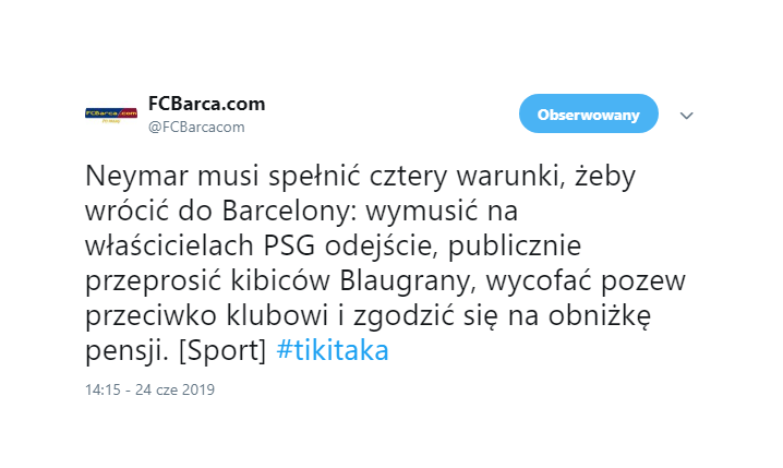 ''Sport'': CZTERY WARUNKI powrotu Neymara do Barcelony